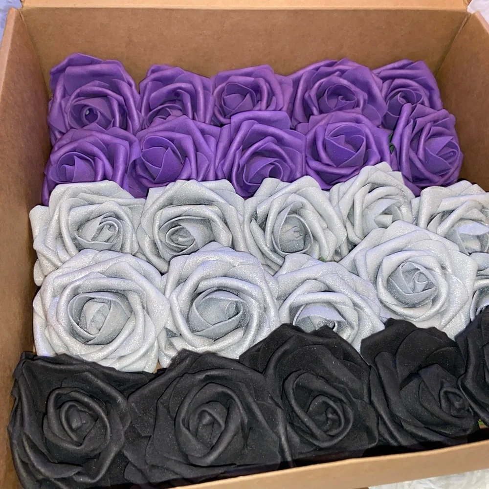 25 Count | Purple Silver Black White Roses Wedding Bouquet Centerpiece Decor New